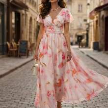 guang zhou mi qian shang mao  Vestido midi de línea A con cintura ceñida, cuello en V, volantes en el bajo y estampado floral, elegante y romántico para ocasiones festivas - Multicolor - Ver 7
