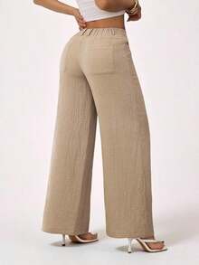 PETITE Pantalones rectos de cintura baja de 100% algodón lavado, pantalones de lino para mujer, pantalones de verano, pantalones anchos de mujer, pantalones de verano, otoño y ropa de otoño para mujer - Caqui 2 - Ver 4