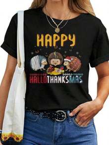 Otoño Navidad Erizo Halloween Feliz Día de Acción de Gracias Camiseta para Mujer Camiseta casual para mujeres. - Negro - Ver 7