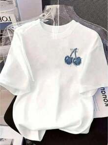 Camiseta mujer estilo minimalista estampado de cereza tela suave holgada cuello redondo manga corta primavera verano uso casual combinableFashion retro short sleeve tee - Blanco (cereza azul) - Ver 12
