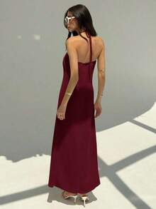 MEXAloruh Nuevo vestido largo con cuello halter, plisado, sin espalda, con decoración de bolas metálicas, talla grande, silueta favorecedora en color champánMEX RPH4 - Burdeos - Ver 8