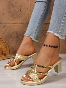 Women's Gold Metallic Chunky Heel Mule Sandals, Open Toe Slip-On Shoes For Daily & Party Wear - Gold - View 3
