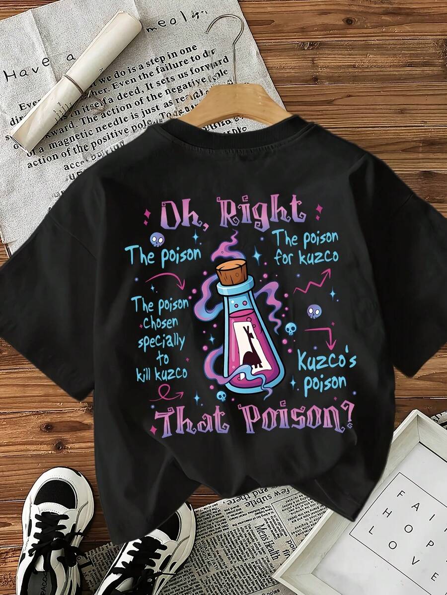 Women's Casual Sports T-Shirt With A "Poison" Theme In A Retro 90s Style - Featuring A Print Of Kuzco's Potion Pattern And The Lyrics To The Song "Poison," This Short-Sleeved, Crew-Neck T-Shirt Is Perfect For Pop Culture Enthusiasts (Iconic Letter T-Shirt). 100% Cotton - 黑色 - 查看 1