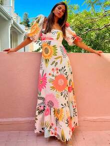 2026 Spring New Women's Clothing-Border European And American Dress Casual Off-Shoulder Sleeve Printed Long Dress - 28335-桔紅色 - 查看 6