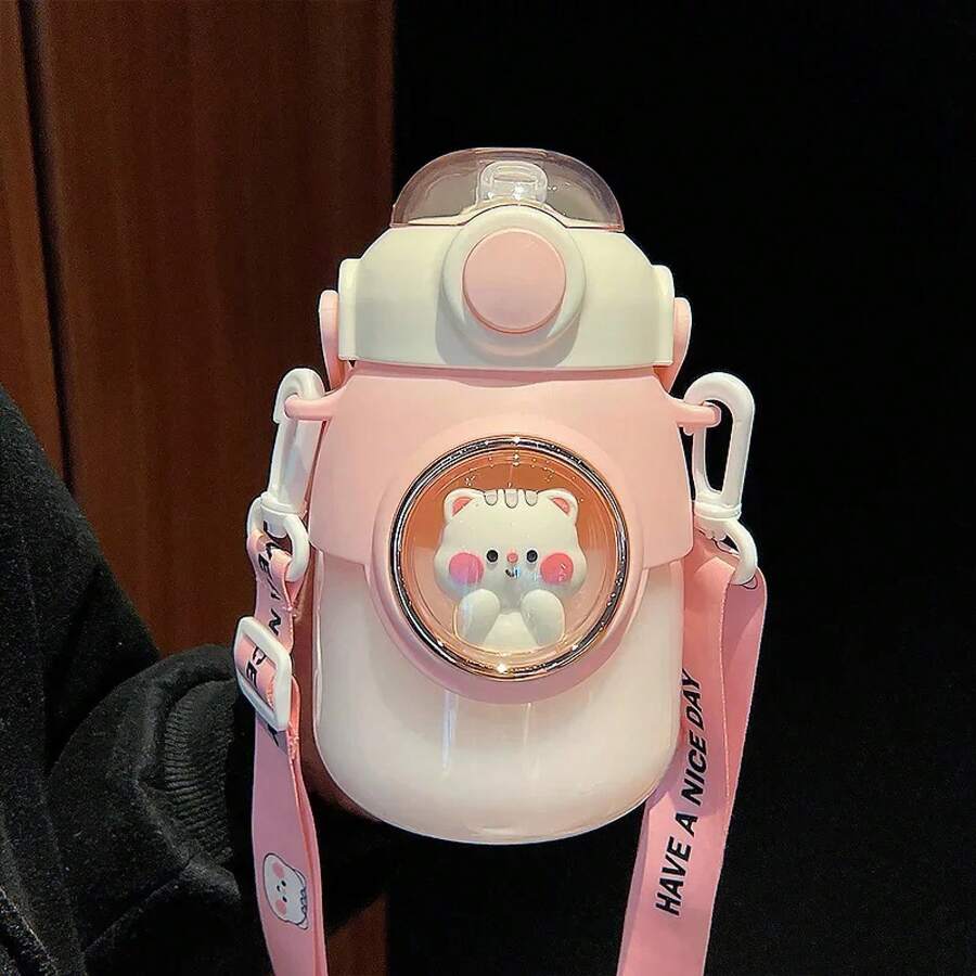 Cute Water Bottles With Straws For Boys And Girls, 820ml Large Capacity Water Cup, Kawaii Cartoon Design, School Trip For Students - 粉色 - 查看 1