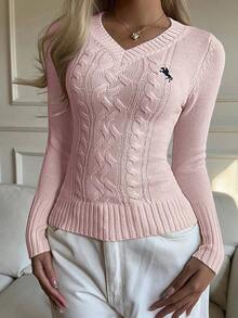 Suéter casual de manga larga con cuello en V y ajuste ceñido con estampado de caballero, para mujer, apto para la escuela en otoño/invierno - Rosa 2 - Ver 5