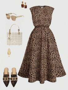CURVE Vestido midi elegante de oficina de talla grande para mujer, de estilo vintage, con estampado de leopardo sin mangas y corte evasé - Marrón - Ver 8