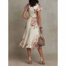 Vestido elegante de manga corta con volantes y cuello estampado, ideal para fiestas - Blanco marfil - Ver 2
