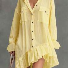 Nana's Women's Clothing Store  Nuevo vestido elegante y cómodo con botones delanteros y volantes en el bajo, para primavera/verano - Amarillo claro - Ver 1