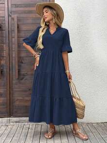 Vestido casual de unicolor con escote en pico para vacaciones de mujer - Azul marino - Ver 4