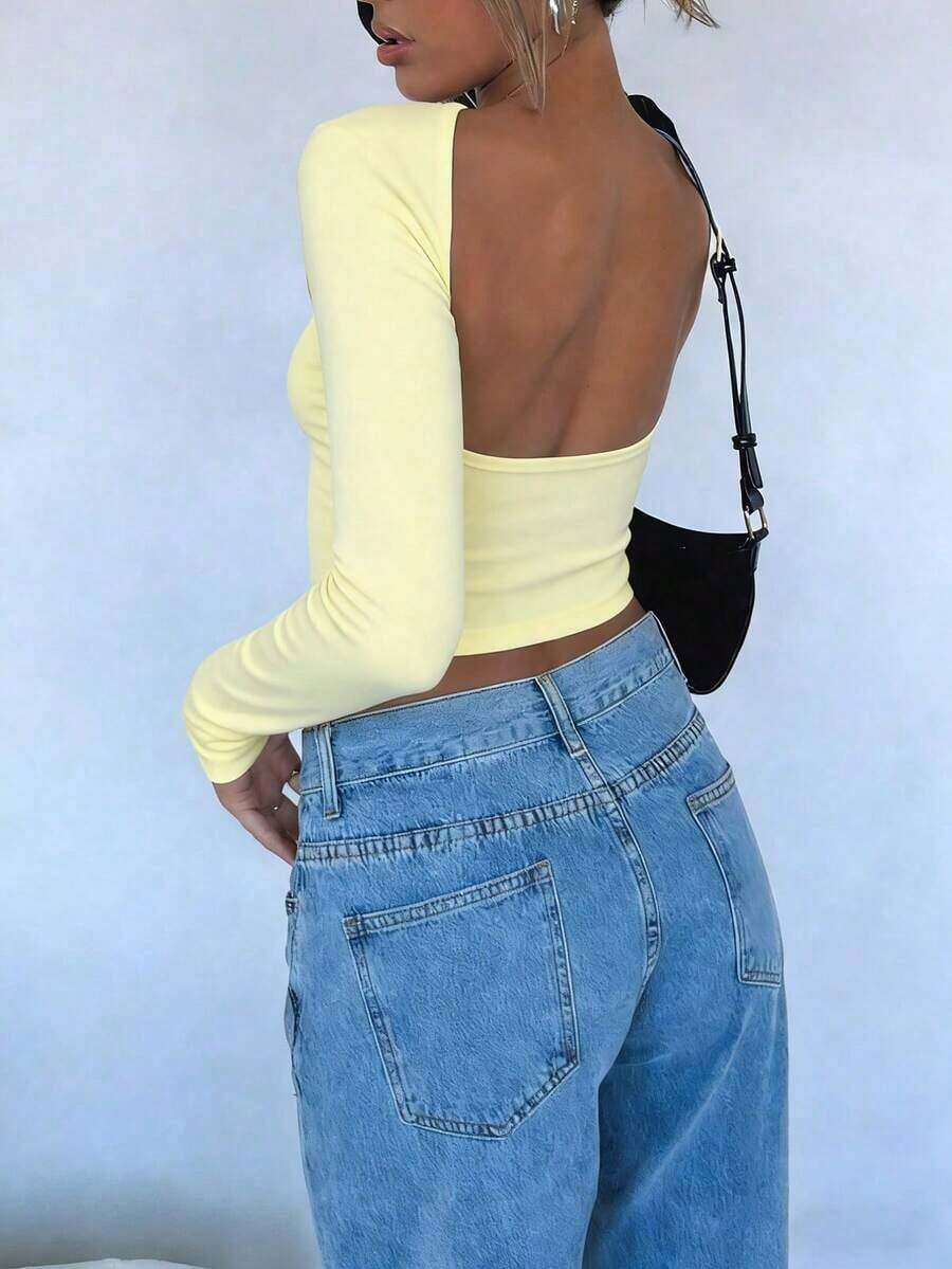 Top Corto De Ajuste Delgado Para Mujeres Con Diseño Sin Espalda Y unicolor - Amarillo - Ver 1