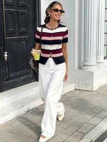 Suéter de punto de manga corta con cuello redondo y botones, de estilo casual, minimalista, retro y elegante, versátil y cálido, ideal para playa, vacaciones y atuendo de verano para mujer - Multicolor - Ver 7