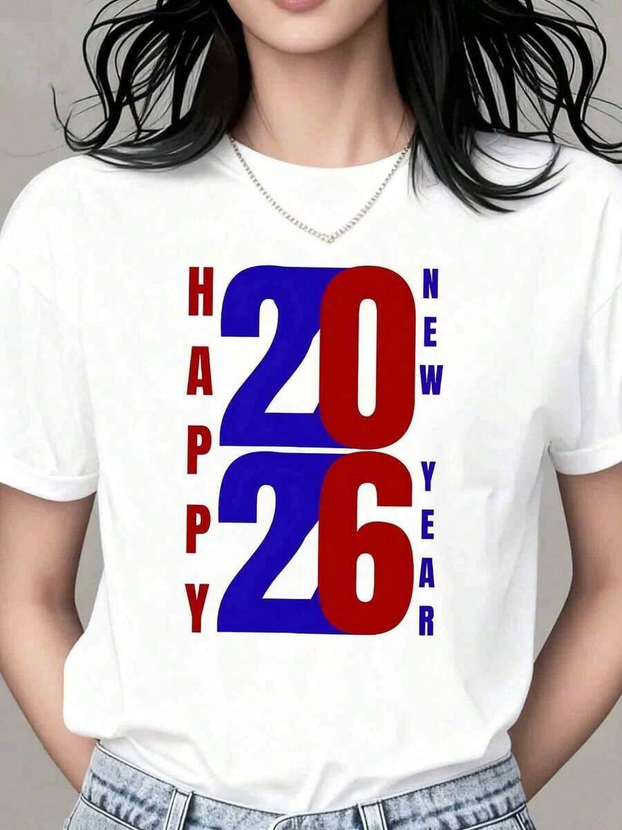 Women's Short-Sleeved T-Shirt With A Happy New Year 2026 Graphic Print, Casual Wear For Holiday Celebrations, Ideal For Winter, Spring, Summer, Autumn, And Everyday Wear. Cotton T-Shirt. - 白色 - 查看 1