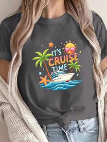 Talla grande - talla extra grande - camiseta de mujer, hecha de algodón puro, tela ligera y transpirable, diseño de cuello redondo, diseño estampado, corte de manga corta, adecuada para primavera y verano. - Gris Oscuro - Ver 6