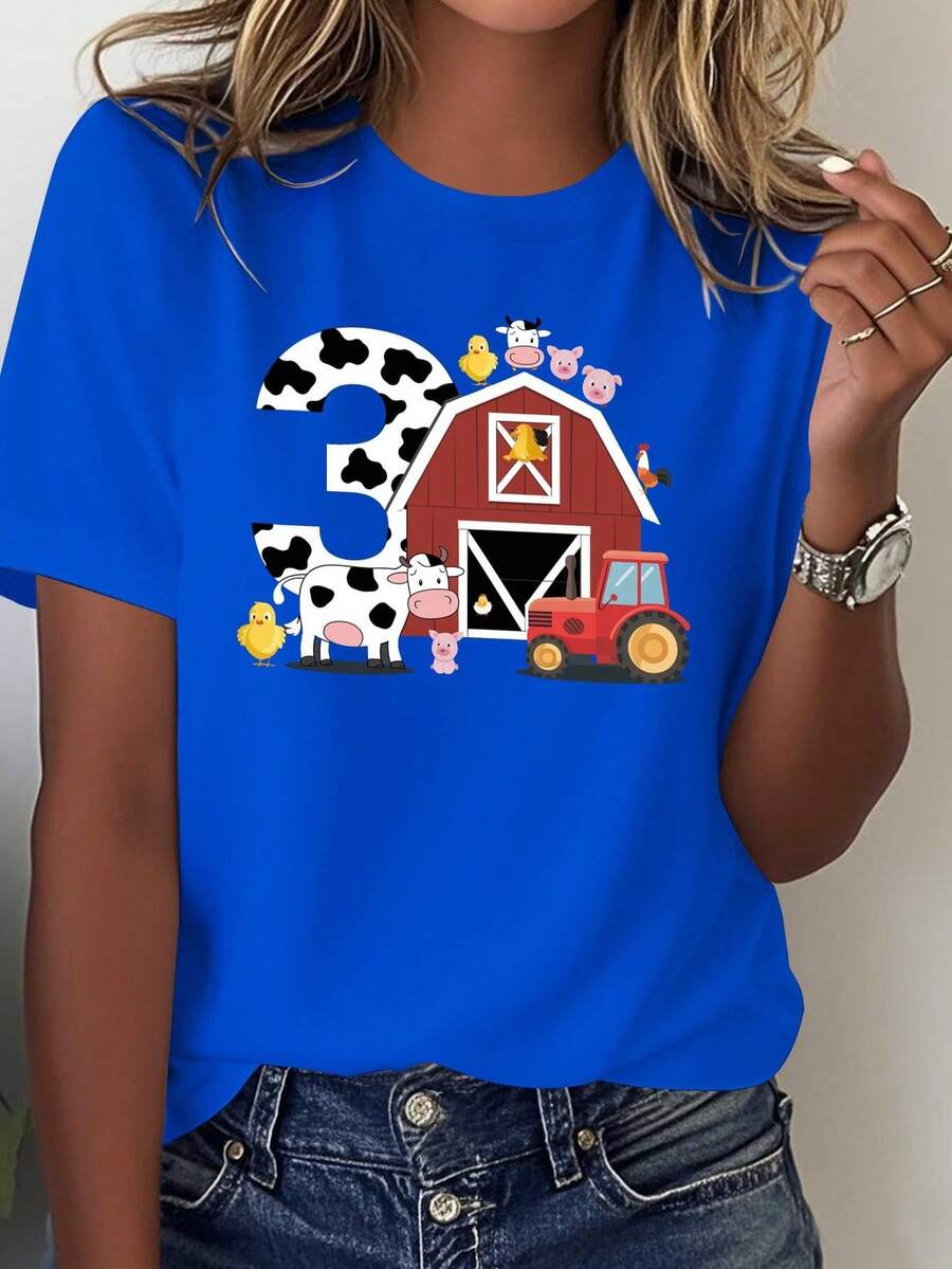 Camiseta de Mujer de Color Sólido con Estampados de Animales de Granja y Granero - Lindos estampados de vaca, gallina, oveja y tractor, blusa casual de manga corta en color gris con diseño del número 3, adecuada para atuendos de estilo campestre, blusa casual para mujer para todas las estaciones. - Azul - Ver 1