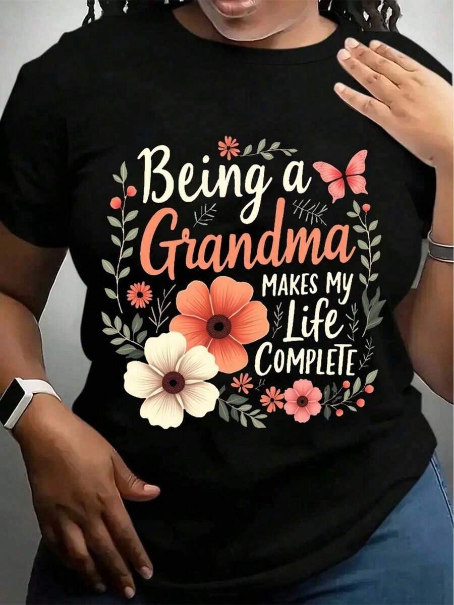 Women's "Being A GRANDMA" Graphic Print T-Shirt - Short Sleeve, Crew Neck, Casual Style With Floral And Butterfly Design, Soft Gray, Loose Fit, Machine Washable, All-Season Comfort, Grandma T-Shirts, Com - 黑色 - 查看 1