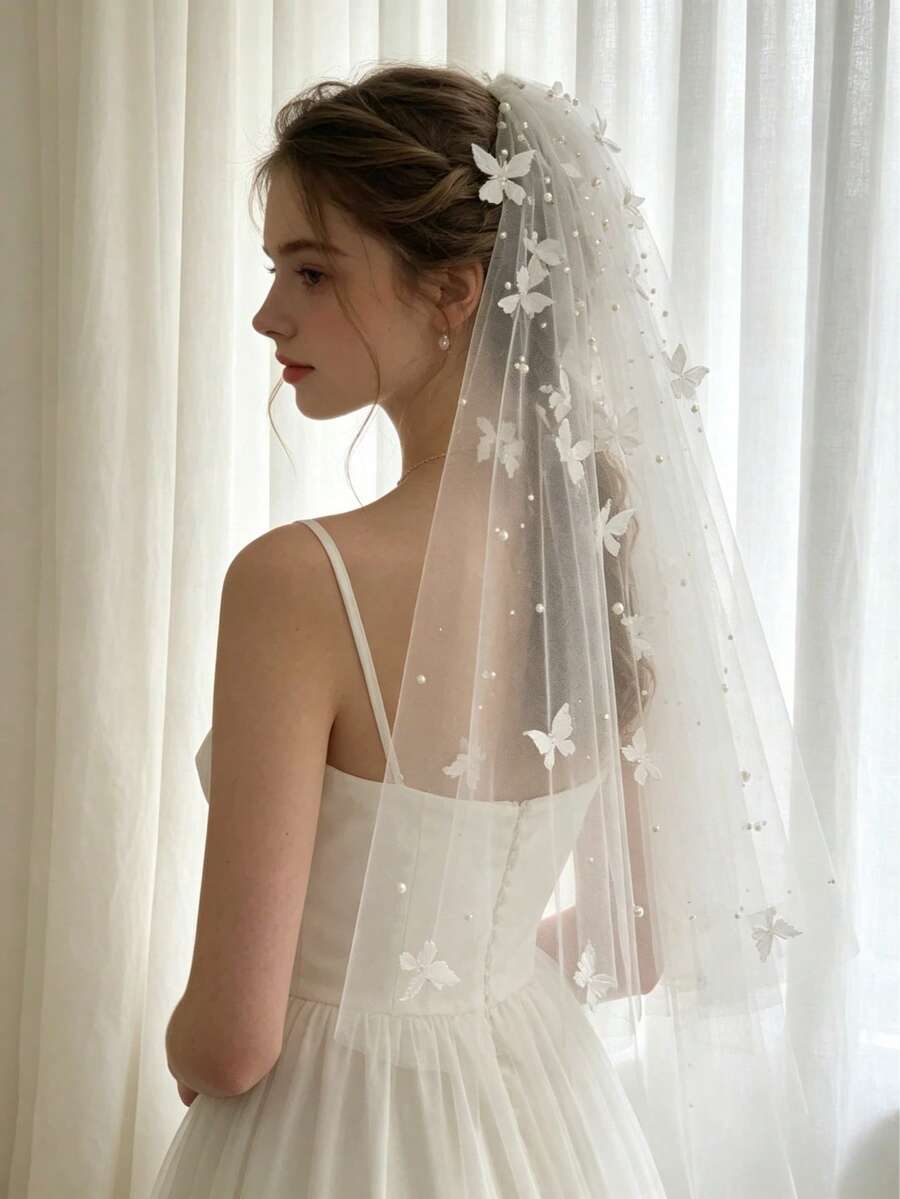 1 pieza Diadema de mujer con perla blanca etérea, pompón y lazo, adecuada para bodas, vacaciones, fiestas y ocasiones campestres - Blanco - Ver 1