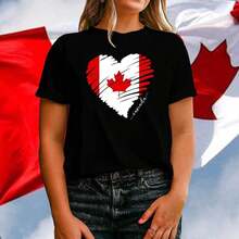 Women's Casual Cotton T-Shirt With Canadian Flag And Heart Print, Short Sleeve, Round Neck, Drop Shoulder, Cute Summer Garment With Slightly Stretchy Fabric - 黑色 4 - 查看 3