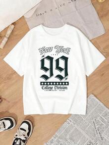 Camisetas Oversized Promoción de nuevo lanzamiento Camisetas básicas para mujer Camiseta gráfica informal oversize para mujer con la inscripción New York 99, manga corta, cuello redondo, hombros caídos, top de tejido de punto para ropa urbana Camisetas con letras para mujer Nuevos productos de la temporada Camisetas Oversized Oferta limitada por tiempo limitado Camisetas casuales para mujer 34GI - Blanco - Ver 4