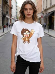 Camiseta de manga corta para mujer con cuello redondo y diseño gráfico de un personaje de anime ChibiDaily Casual Round Neck Short Sleeve-Shirt Women - Blanco - Ver 7