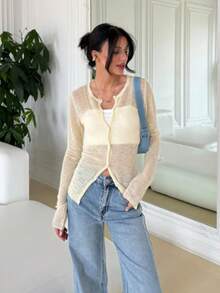Áo khoác cardigan dệt kim cài nút kiểu dáng tối giản, thanh lịch, gợi cảm dành cho nữ, phong cách Mori Girl Academy, thích hợp cho mùa xuân/hè. - Màu vàng - Xem 4