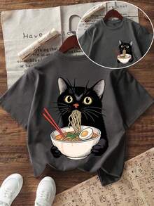 Camiseta de cuello redondo con estampado divertido de gato para niña preadolescente, top de verano - Gris Oscuro - Ver 4