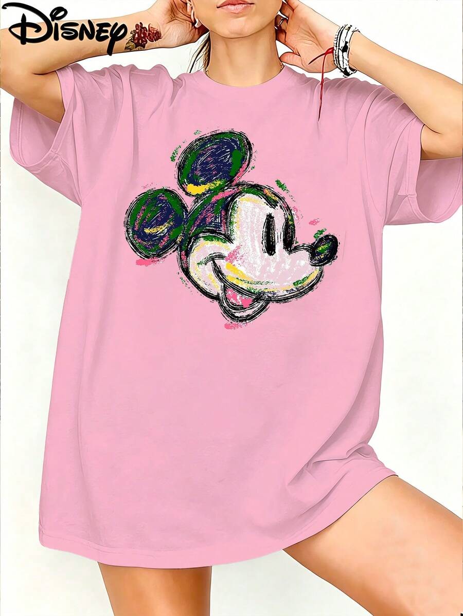 Disney Women's Loose-Fit Vintage Printed T-Shirt, Hand-Painted Mickey Mouse Design, 100% Cotton, Mother's Day,Disney Collaboration - Hồng - Xem 1