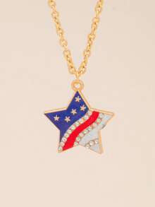 1pc American Flag Enamel Five-Pointed Star Rhinestone Pendant Necklace, Fashionable & Exquisite Necklace For Teenagers, Independence Day Gift, Gift For Friends - Style 12 - View 3
