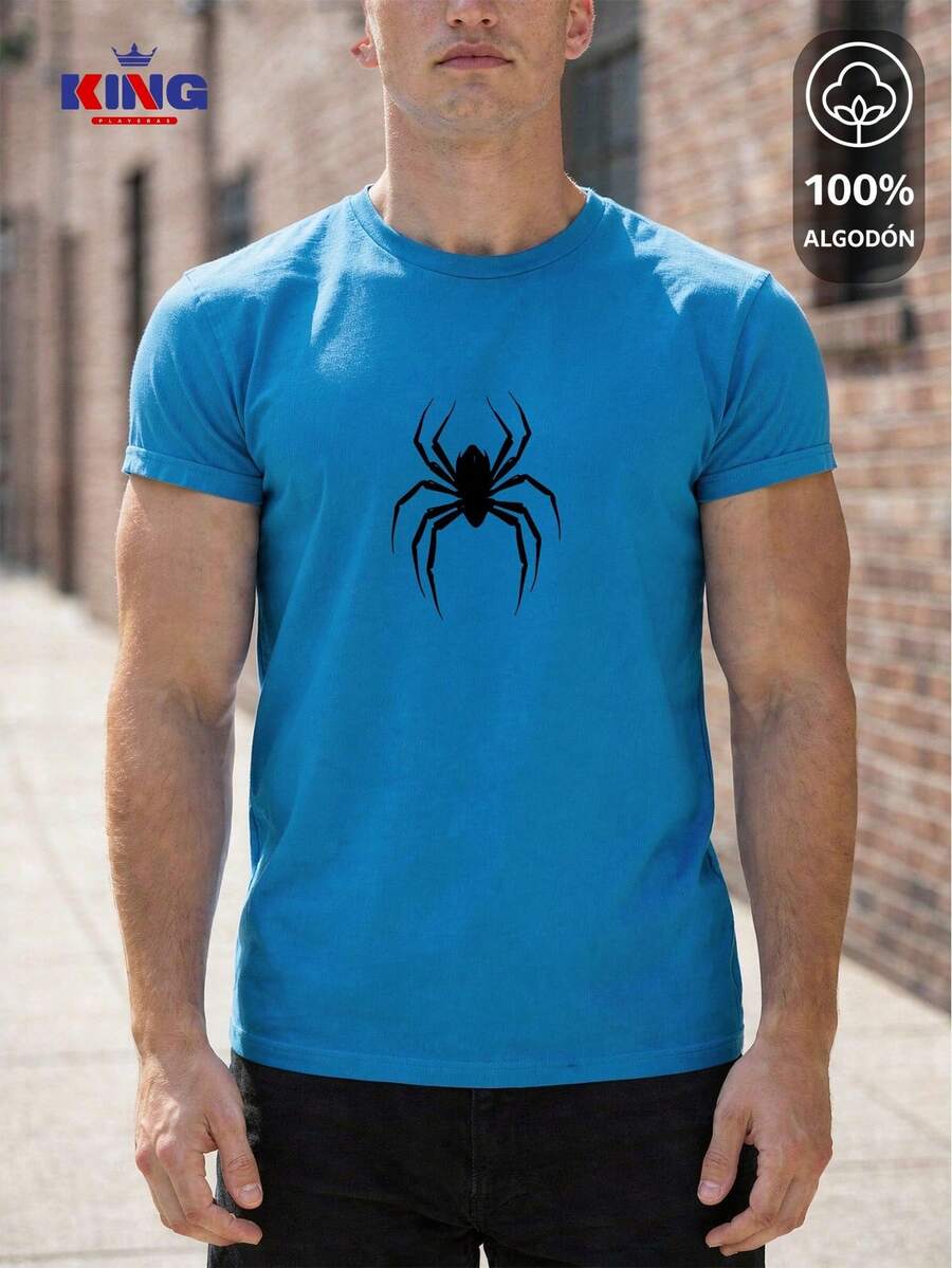 King T-shirt Playera 100% algodón de excelente calidad, esta playera garantiza una suavidad excepcional al tacto, cuello redondo con estampado "Minimalist Spider Graphic" y manga corta - Neblina azul - Ver 1