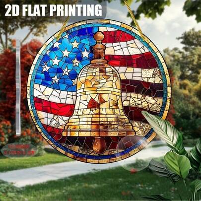 2D Flat, 1pc American Flag & Liberty Bell Patriotic Style Window Decor - Vintage Stained Glass Effect, Red/White/Blue Tones - 8x8 Inch Round Acrylic Suncatcher, Suitable For Independence Day, Home, Office, Porch - No Power Needed - Birthday/July 4th Decor Gift, Women, American Flag Accessories, Holiday Ornament, Boho Style, Handmade, Decoration, Home Decor, 2D Flat
