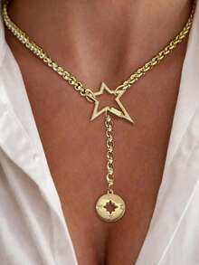 1PC Gold Five Pointed Star Buckle Necklace With Lock, Octagonal Star Pendant, Suitable For Ladies' Exquisite Holiday Party Gifts - Yellow Gold - View 9
