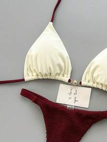 Bộ 2 món bikini đi biển phong cách Bohemian thanh lịch gợi cảm, họa tiết hoa, dây buộc tết, phù hợp cho kỳ nghỉ bãi biển mùa Xuân/Hè - Màu Đỏ Sâu - Xem 4