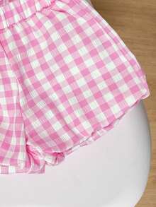 Young Girl Summer Bow Decor Top And Plaid Shorts Set - White - View 7