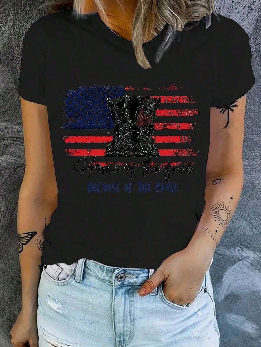 1 pieza de camiseta elegante y vibrante con estampado de la bandera estadounidense - Versátil, fácil de mantener y cómoda, camiseta casual para mujer para todas las estaciones, 180g de algodón 100%. - Negro - Ver 1