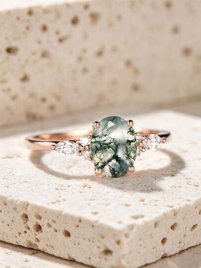 1pc 925 Sterling Silver 4-Prong Oval Malachite & Cubic Zirconia Ring, Elegant Women's Engagement, Wedding, Anniversary Gift, Promise Ring