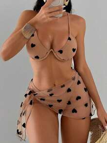 Swim  3 piezas Conjunto de sujetador con aros con estampado de corazones y Bottom tipo bikini y falda cubrepantalones, traje de baño de playa de verano - Rojo - Ver 10