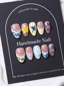 10pcs/Set Handmade Press On Short Almond Shaped Nail Caps In Y2K Multi Color French & 3D Engraved Blueberry Design With Hand Painted Lace Pattern. Comes With 1 Piece Of Jelly Gel And 1 Nail File. Ideal For Daily Use And Party Nail Care Supplies. - Multicolor - View 3