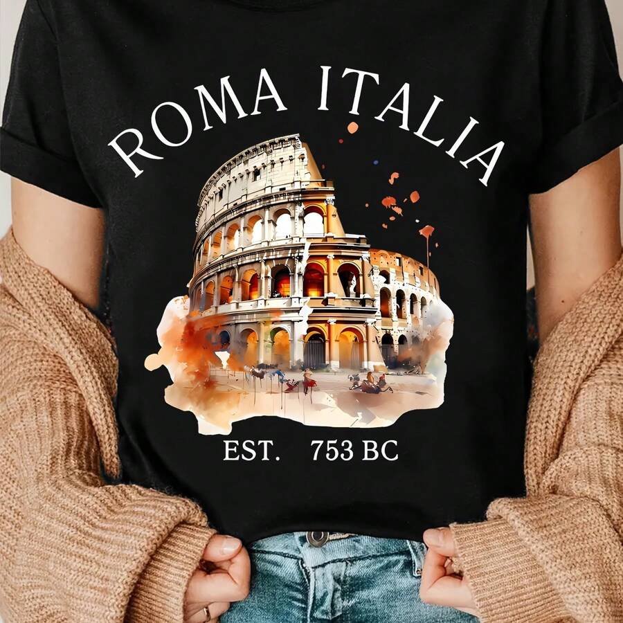 T-Shirt With Italian Rome Print, T-Shirt Of The Colosseum Of Rome - Black - View 1