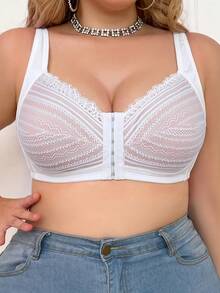 mimilemon Women's Plus Size Lace Front Closure Bra, Comfortable And Breathable, Wireless, Anti-Sagging, Wide Strap - White - View 8