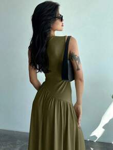 Vestido largo de color verde oliva de uso diario simple para mujer, sin mangas con cintura fruncida - Rosa - Ver 8