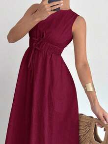 Vestido largo de línea A sin mangas de lino y algodón para mujer, primavera y verano - Burdeos - Ver 5