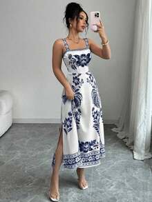 Vestido de tirantes finos con estampado localizado y silueta de línea A para mujer, ideal para el verano - Azul y blanco - Ver 10