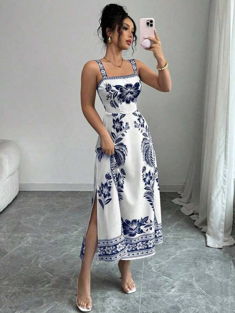 Vestido de tirantes finos con estampado localizado y silueta de línea A para mujer, ideal para el verano - Rosa Fucsia - Añade 10