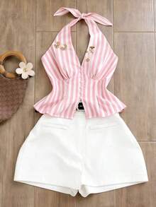 Conjunto casual de 2 piezas de top halter con corbata y shorts a rayas para mujer - Negro - Ver 12