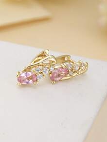 1pair Elegant Sparking Pink Synthetic Zirconia Golden Plated Hoop Earrings For Women Exquisite Wedding Banquet Perfect Jewelry Accessories - Earrings - View 3