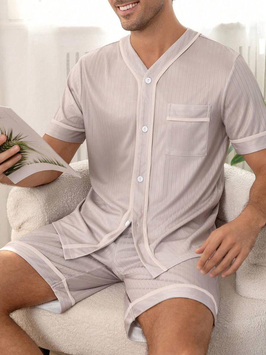 Men's Sleepwear Set, Lightweight V-Neck Cardigan & Shorts, Solid Color Pockets, Soft & Comfortable Summer Pajamas - Multicolor - View 1