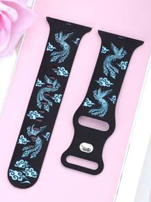 雕花凤凰吉祥鸟图案表带，兼容 40mm、41mm、42mm、44mm、45mm、46mm、49mm 表款。柔软舒适，休闲运动两相宜的硅胶表带，兼容 Series Ultra/11/9/8/7/6/5/4/3/SE。复古纹身风格智能手表表带，男女皆宜。 - 黑色錶帶配冰藍色鳳凰 - 查看 2