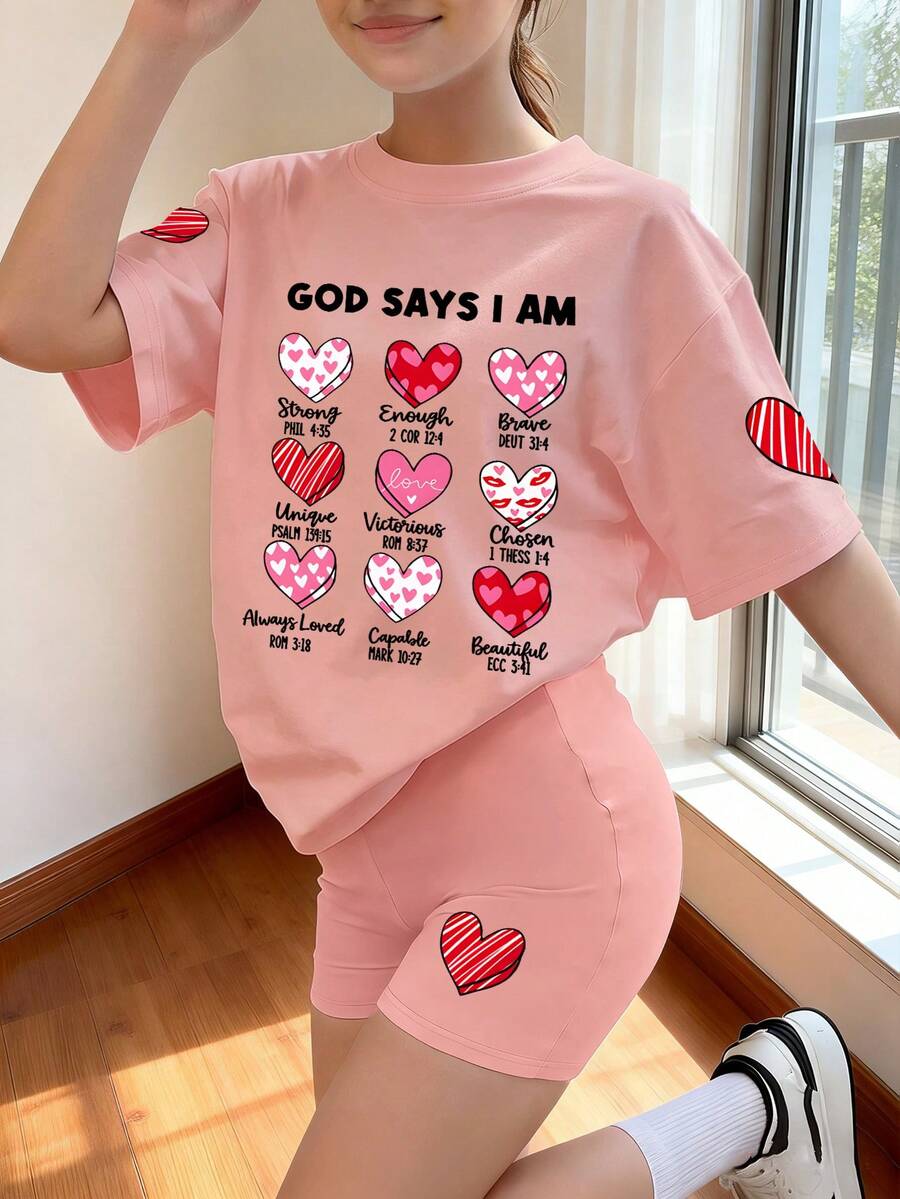 Conjunto de camiseta e shorts para meninas, roupa casual juvenil, estilo moderno e personalizado, ideal para escola, férias e uso diário, conjunto perfeito para primavera/verão. - Rosa - Ver 1