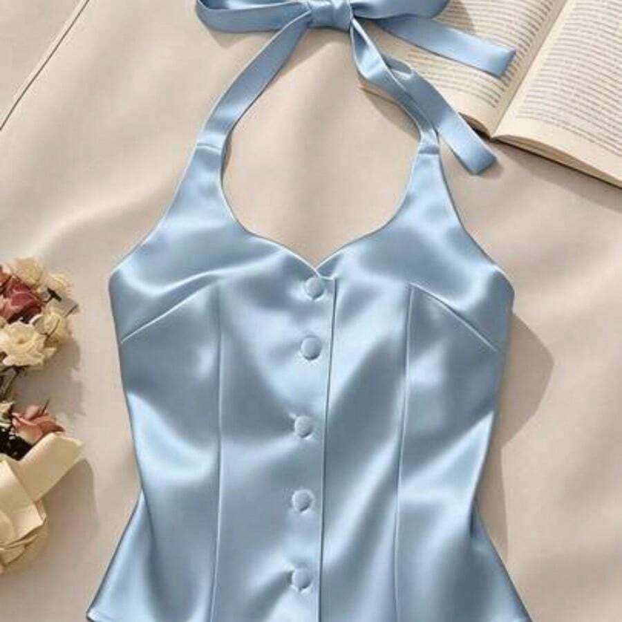Fengyu Women's Clothing Store Top corto de tirantes finos de satén blanco / Camiseta ajustada de un solo pecho sexy - Celeste - Ver 1