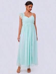 Vestido elegante de manga larga con cuello asimétrico, parches de malla y unicolor para mujer en verano - verde menta - Ver 4